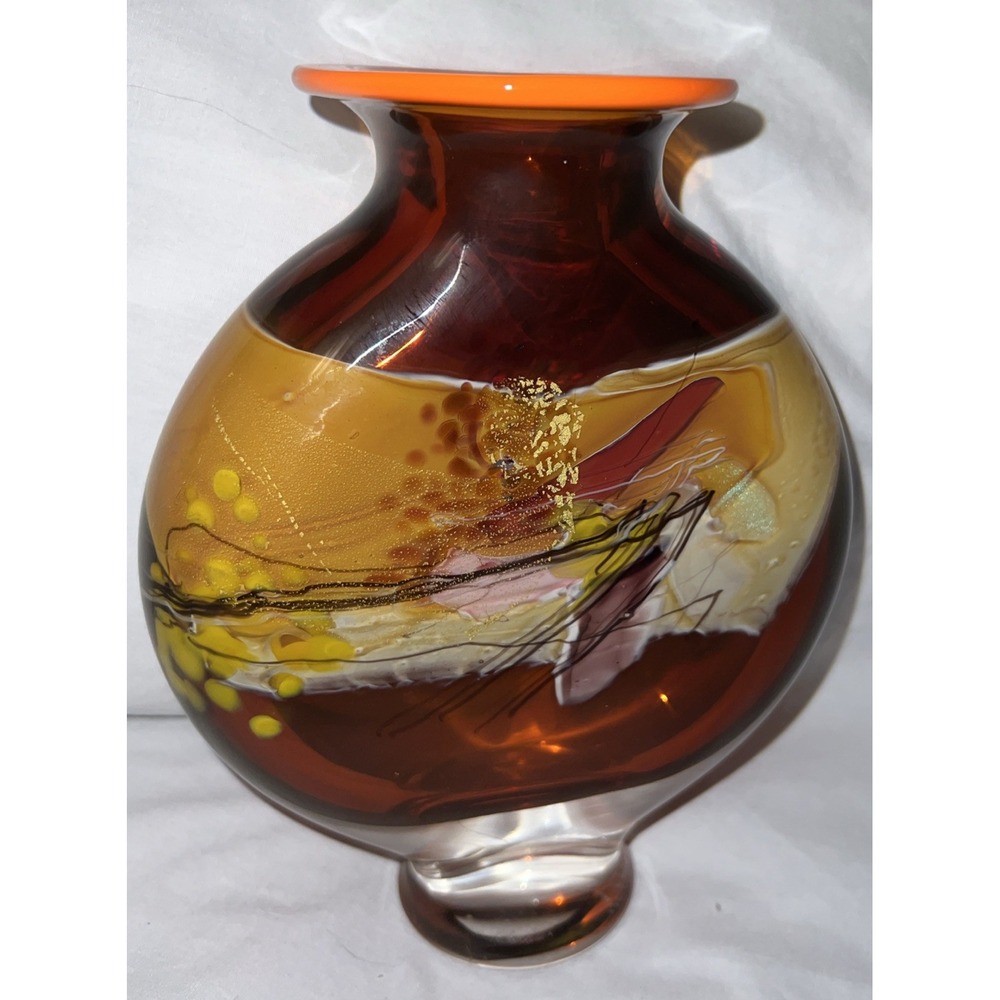 VFS GLASSHOUSE STUDIO ART GLASS VASE Signed By Artist MODERNIST Orange Flat